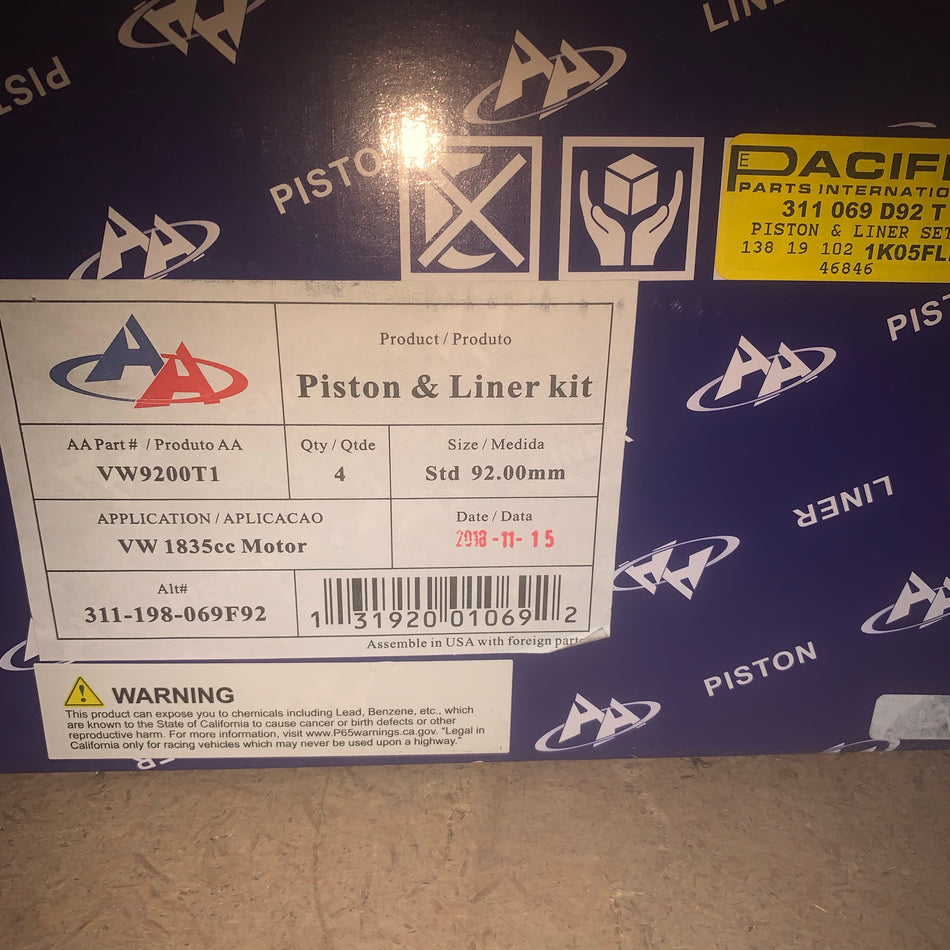 Piston Kit, 92mm 1835cc x 69mm type 1